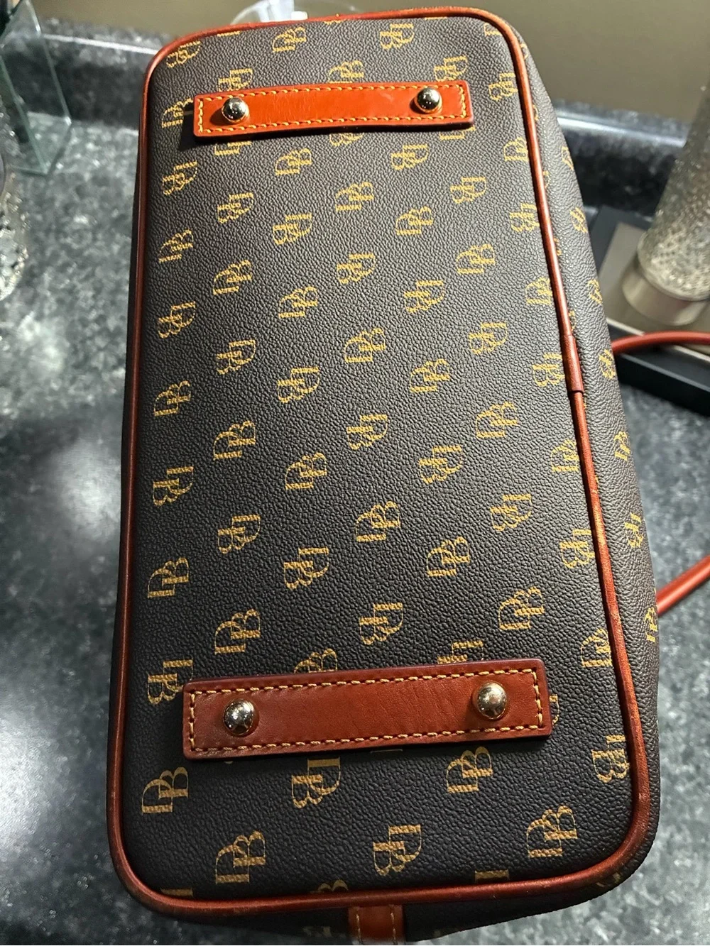 Dooney & Bourke Greta Dark Brown Logo Tote with Red Trim